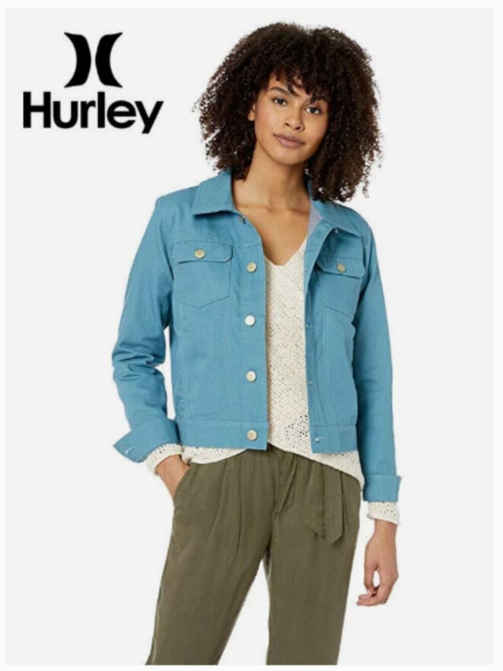 Denim Scout Jacket Hurley Trucker Classic Twill Teal Blue Gold Womens Medium